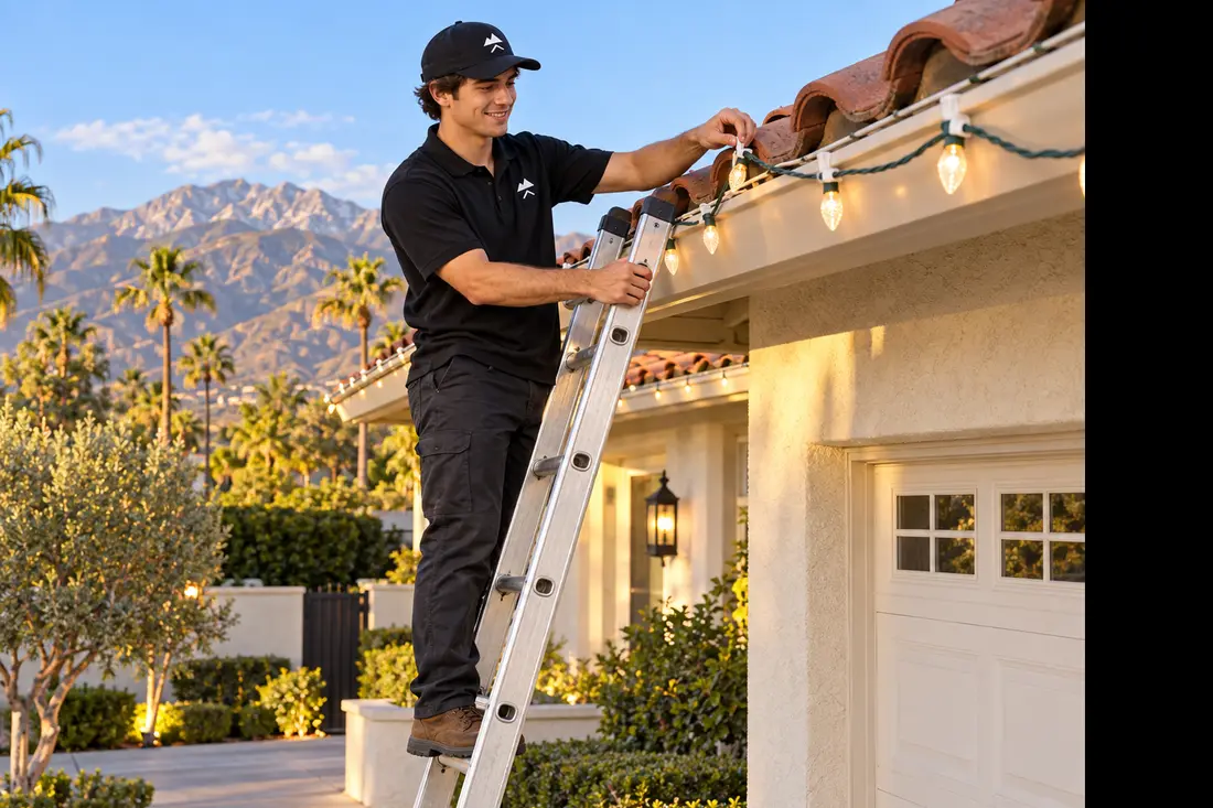 Installer in a black polo and cap on a ladder at a single-story roofline, clipping warm-white lights into the gutter