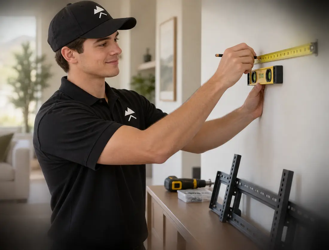 Installer measuring a living room wall with a tape and level to place a TV