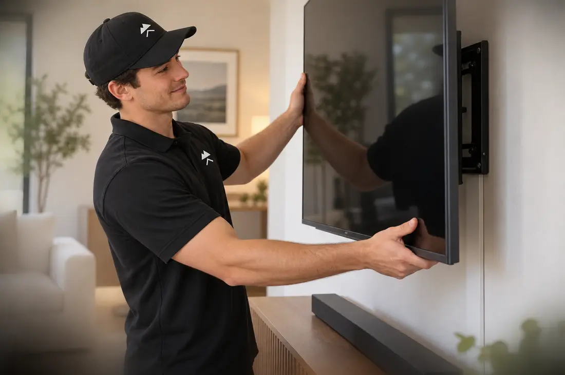 Installer lifting a TV onto a wall bracket in a living room